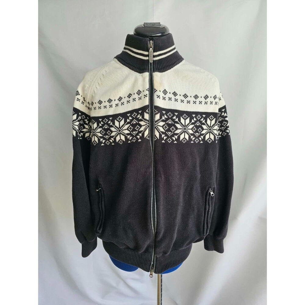 Fair Isle Nordic Knit Full Zip Sweater Jacket Black Cream Unisex L